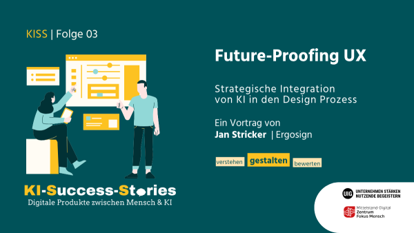 Grafik zur dritten Folge der KI-Success-Stories mit dem Titel „Future-Proofing UX – Strategische Integration von KI in den Design Prozess“. Vortrag von Jan Stricker (Ergosign). Links eine Illustration zweier Personen, die an UI-Elementen arbeiten. Slogan unten: „Digitale Produkte zwischen Mensch & KI“. Logos des Mittelstand-Digital Zentrums Fokus Mensch und UIG – Unternehmen stärken, Nutzende begeistern. Schlüsselwörter: „verstehen“, „gestalten“, „bewerten“.