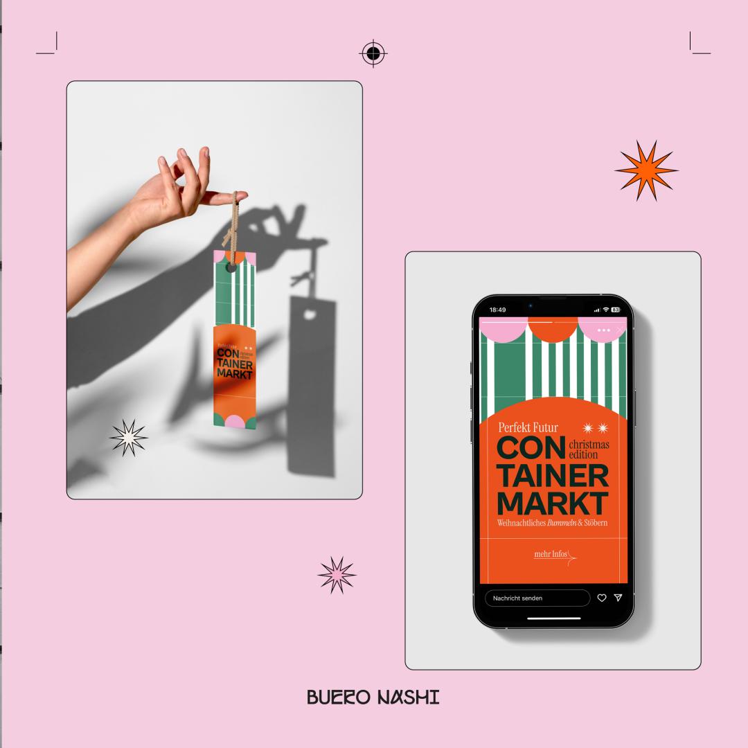 Containermarkt, Branding, Social Media Content: Bunte Gestaltung mit bolder Typografie auf orangenem Hintergrund
