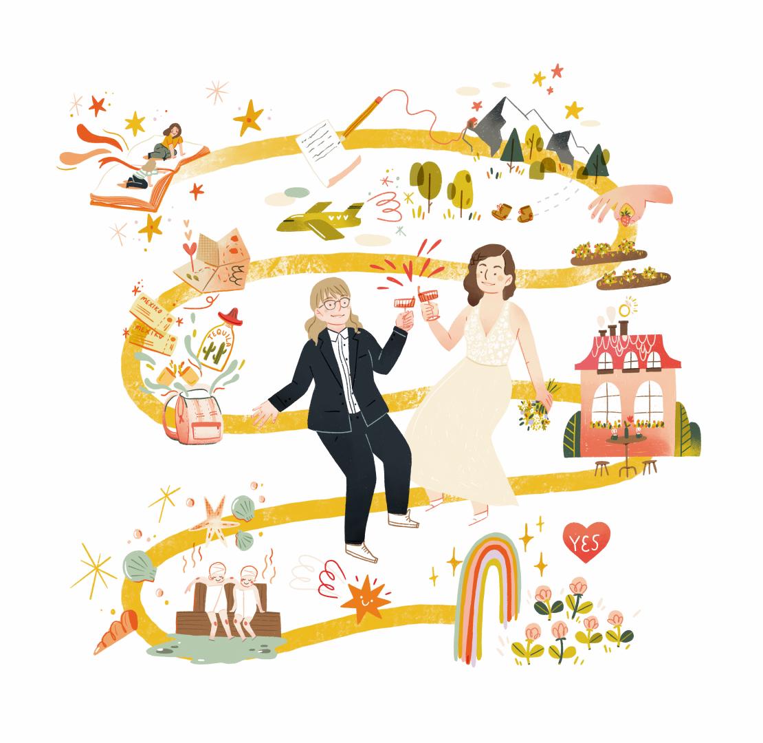 Illustration eines Brautpaars mit Icons ihrer Meilensteine in der Beziehung
