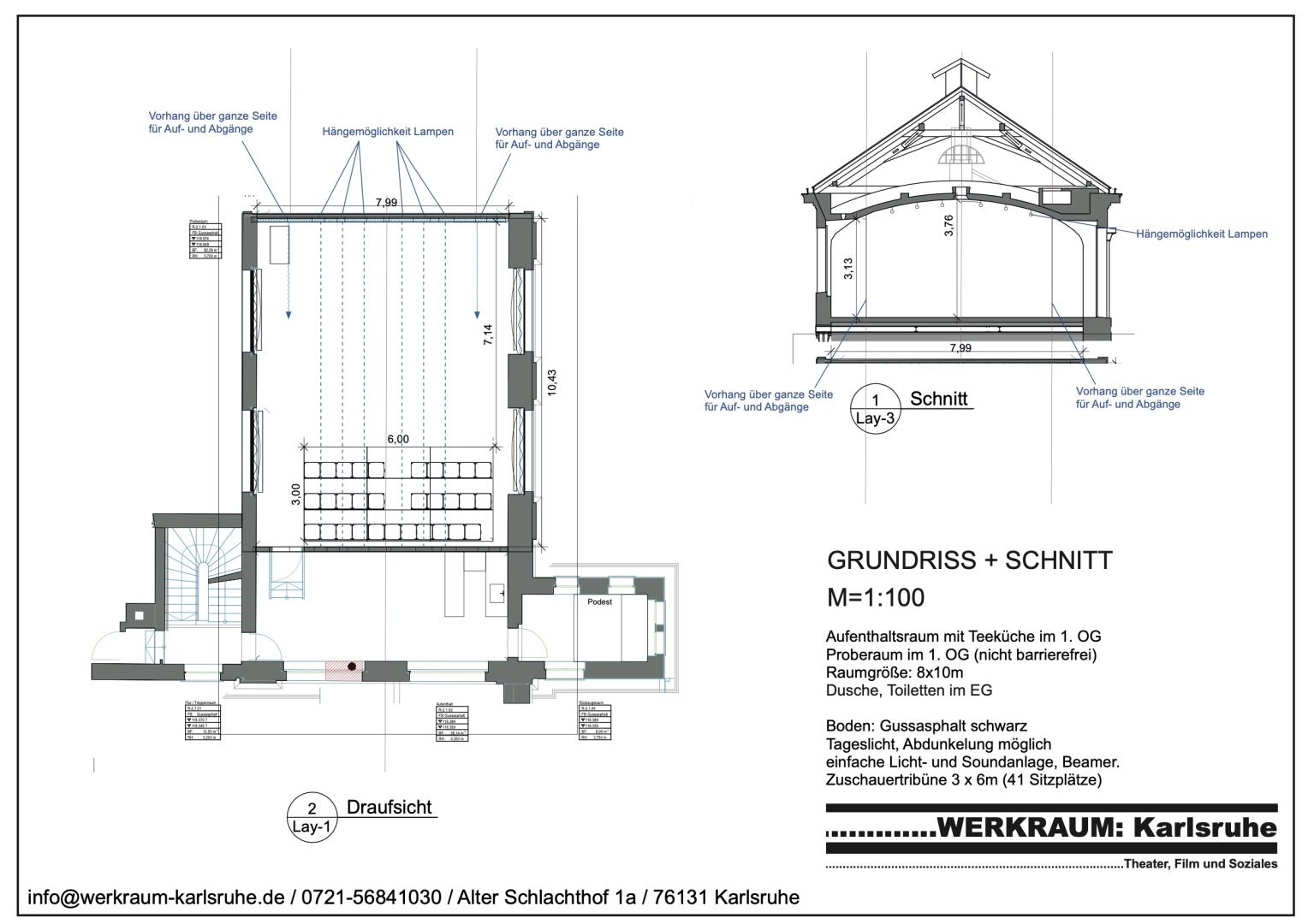 Das Bild zeigt den Grundriss und Querschnitt eines Proberaums (8 x 10 m) im 1. Obergeschoss. Es gibt eine Zuschauertribüne (41 Sitzplätze), eine einfache Licht- und Soundanlage sowie einen Beamer. Der Boden ist aus schwarzem Gussasphalt, Tageslicht und Abdunkelung sind möglich.  Vorhänge an beiden Seiten ermöglichen flexible Auf- und Abgänge. Im Erdgeschoss gibt es Duschen und Toiletten, oben eine Teeküche.