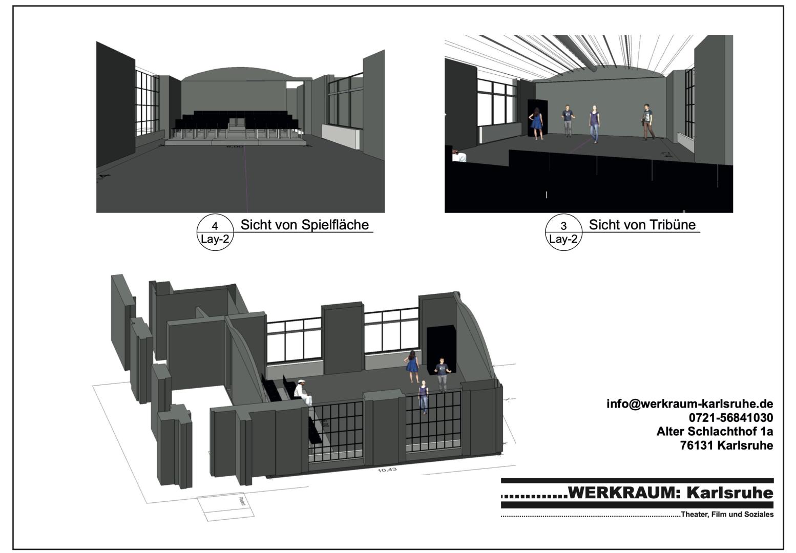 Das Bild zeigt dreimal den Theaterraum aus unterschiedlichen Perspektiven. In der Mitte ist eine Bühne, auf der mehrere Menschen stehen. Gegenüber gibt es eine Tribüne mit Sitzplätzen für Zuschauer:innen. Der Raum hat große Fenster und dunkle Wände. 