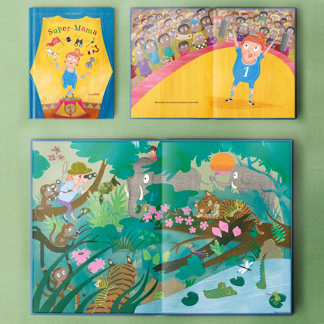 Bilderbuchseiten und Buchcover der Supermama