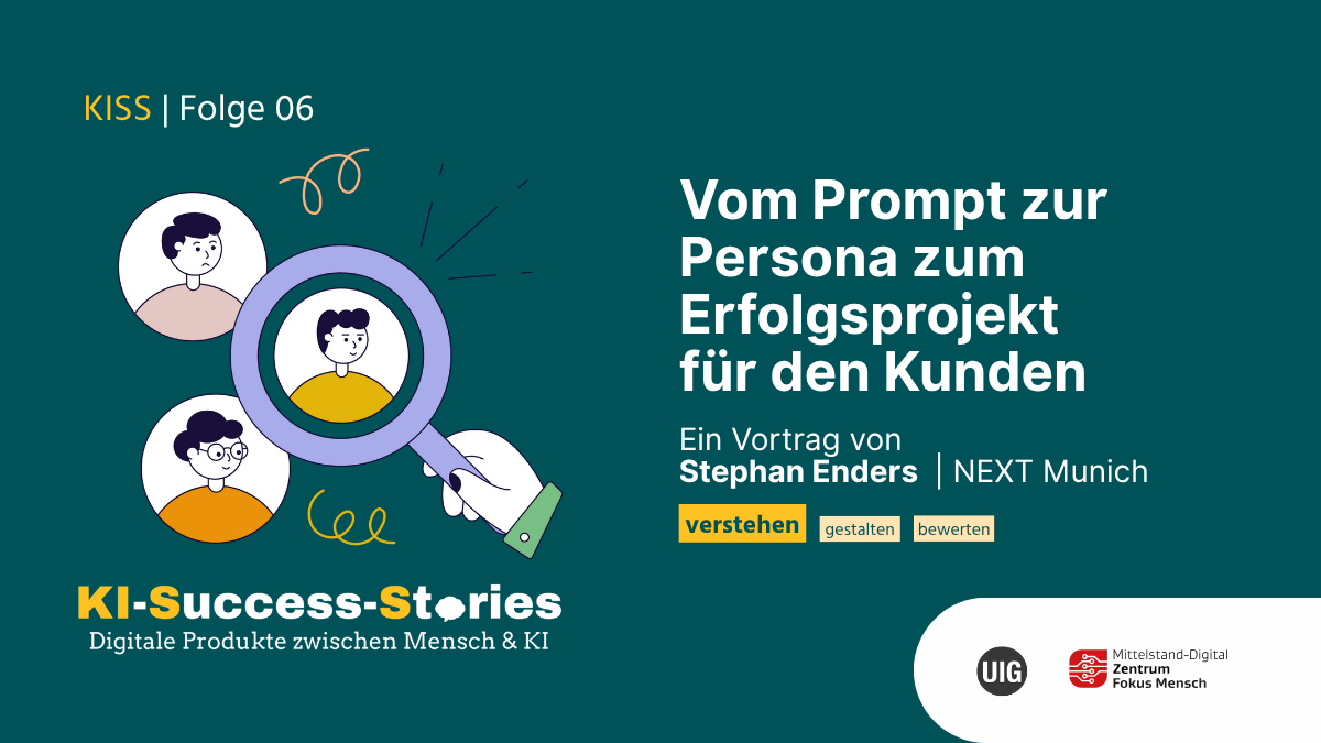 Illustration mit drei stilisierten Personen, eine davon vergrößert durch eine Lupe, dazu Text zu einem Vortrag von Stephan Enders über KI-Erfolgsgeschichten.