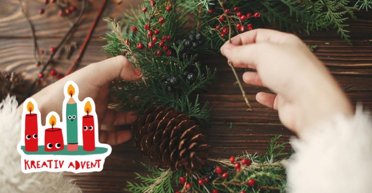 Adventskranz binden & Glühwein Yollie Cafe; Bild: Canva + Illustration: Lea Geerken