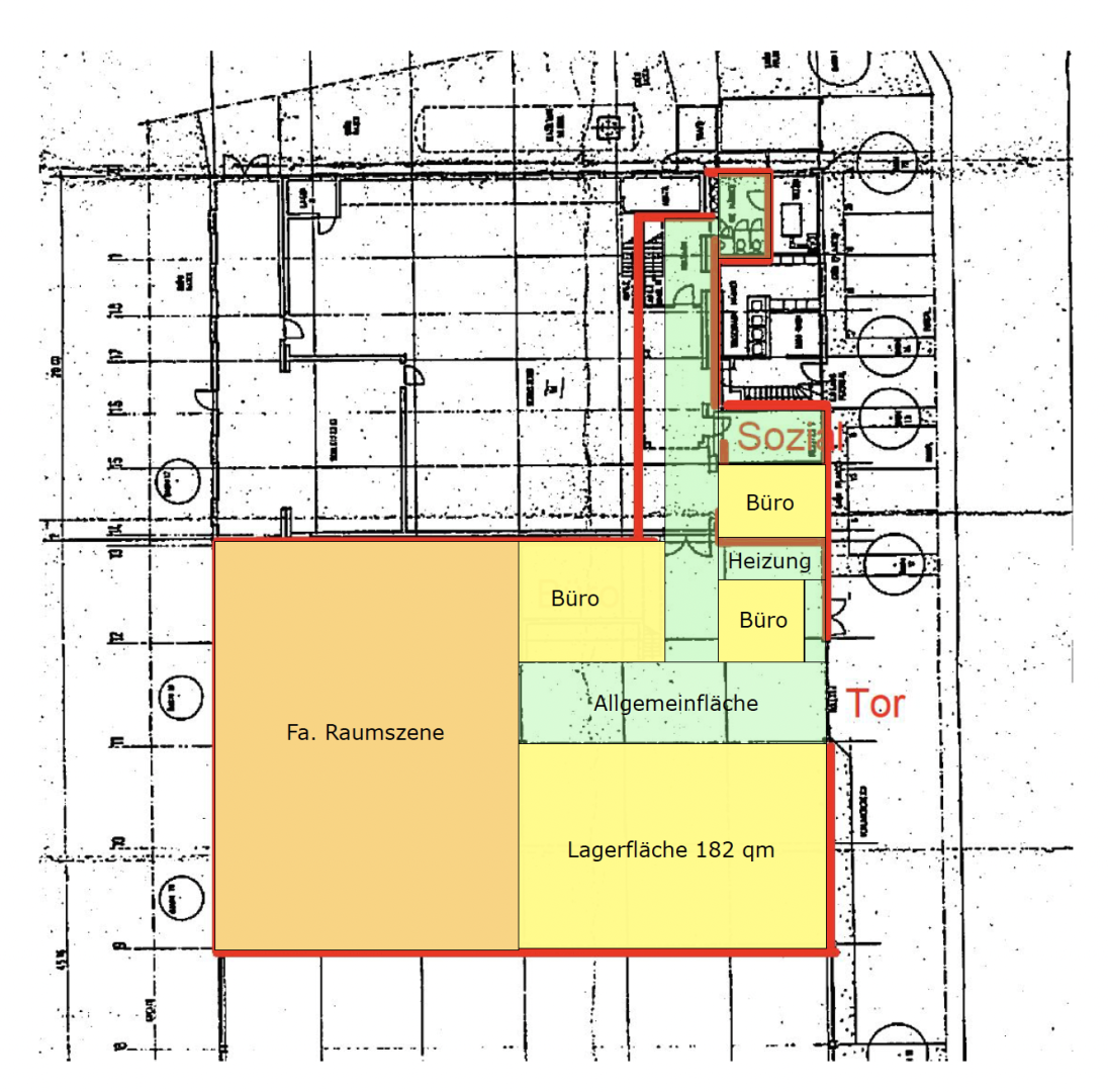 Grundriss - links Flächen der Firma Raumszene GmbH, rechts zu vermietende Lagerfläche, Büros & Allgemeinflächen