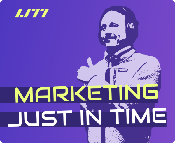 Lennart Schleifer dargestellt als Grafik zeigt auf den Titel des Banners "Marketing - Just in Time"