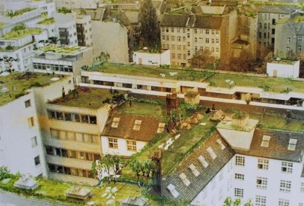 Rotraud von der Heide, Performance, Die Wüste lebt, Dächerwanderung Rotraud von der Heide, Die Wüste lebt, Dächerwanderung